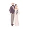 Elegant bride dressed in fancy vintage gown and groom wearing stylish suit and hat. Loving man and woman at wedding