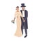 Elegant bride wearing exquisite wedding gown and groom dressed in luxurious tailcoat and top hat. Pair of newlyweds