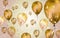 Elegant Brown Flying helium Balloons with Bokeh Effect and glitter. Wedding, Birthday and Anniversary Background. Vector