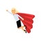 Elegant business woman wearing formal clothes and red superhero cloak. Blond lady character in flying action. Career