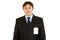 Elegant businessman with blank id card on jacket