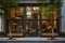 Elegant cafe facade, large windows, wooden accents, city street setting