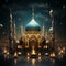 Elegant calligraphy art of Ramadan Kareem embraced by majestic mosques