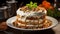 Elegant carrot cake adorned with velvety cream, cascading caramel, crushed nuts, and a vibrant mint sprig, set amid a cozy