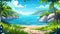 An elegant cartoon summer natural landscape with rocky hills and a pond beach with grassland under a blue sky and clouds