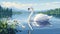 An elegant cartoon swan gliding across a serene lake