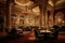 elegant casino with marble columns, chandeliers, and plush seating