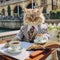 Elegant cat drinking coffe in the city. Illustration. Created with AI technology