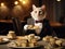 An elegant cat in a tuxedo serves a variety of scones, a quirky take on fine dining