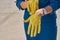 Elegant Caucasian stewardess preparing for the flight