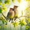 Elegant Cedar Waxwings Perched Tree Branch Springtime Morning Sunrise Small Birds AI Generated