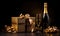 Elegant celebration scene with a luxurious gift box and champagne bottle. AI generative