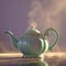 Elegant ceramic teapot with steam on a reflective surface