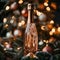 Elegant champagne bottle with seasonal decorations and warm bokeh lights