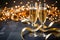 Elegant champagne flutes with golden lights, bokeh effects, and festive decorations