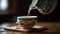 Elegant Chinese Porcelain Teapot Pouring Steaming Green Tea into Cup on Wood