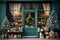 Elegant Christmas trees with luxurious decor and many gifts in front of a small private store window