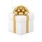 Elegant clean white squared gift box wrapped by golden metallic bow ribbon realistic vector