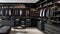 Elegant closet space with dark grey walls, sleek black shelving, and clothing collection