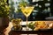 Elegant Cocktail Setup with Green Olives and Cheese on Wooden Table