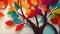 Elegant colorful tree with vibrant leaves hanging branches illustration background. Bright color 3d abstract wallpaper for interio