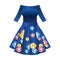 Elegant colorful women cocktail dress, fashion clothes with pattern print, with short skirt, flat style vector