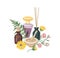 Elegant composition with aroma cosmetics, fragrances or odorants in glass bottles, mortar and pestle, incense sticks and
