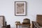 Elegant composition of masculine room decor with wooden bench, mockup painting and vintage accessories. Home staging. Template.