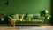 Elegant and contemporary living room interior with green tone colors and artistic wall decor