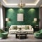 Elegant, contemporary living room interior with a green wall pattern backdrop