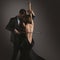 Elegant Couple Kissing. Musician Man with Violin Bow playing Woman Sexy Bare Back. Women Body as Cello. Classical Love Music