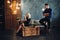 Elegant couple posing ay gray decorated studio.