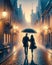 An Elegant Couple Walking Strolling Evening City Street Raining Umbrella AI Generated