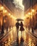 An Elegant Couple Walking Strolling Evening City Street Raining Umbrella AI Generated
