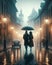 An Elegant Couple Walking Strolling Evening City Street Raining Umbrella AI Generated