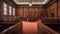 Elegant courtroom interior with wooden design and American flags. Digital illustration.