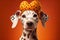 Elegant Dalmatian dog with a hat with heart shape on a orange background looking at camera. Generative AI