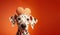 Elegant Dalmatian dog with a hat with heart shape on a orange background looking at camera. Generative AI