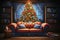 elegant and decorated living room backdrop with christmas tree and three-seater sofa