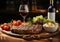 Elegant detail of wooden table with steak, salad, rice and pretty glasses of red wine. Ai generated