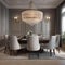 An elegant dining room with a grand chandelier, upholstered chairs, and a long wooden table3