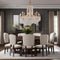 An elegant dining room with a long wooden table, upholstered chairs, and a chandelier3