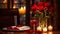 Elegant dinner table featuring red roses, a glass of red wine, and multiple lit candles