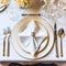 Elegant dinner table setting arrangement in English country style as flatlay tablescape, folded napkin on a serving plate,