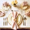 Elegant dinner table setting arrangement in English country style as flatlay tablescape, folded napkin on a serving plate,