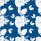 Elegant and dynamic stylized white roses on blue background seamless pattern.