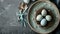 Elegant Easter table setting top view with speckled eggs and nest