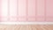 Elegant empty room with pink tall walls. Frame wall molding decorating. Wooden floor. Copy space. Generative AI