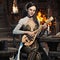 Elegant fantasy female bard plays a song in a medieval tavern with her favorite lute instrument.