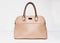 Elegant fashionable formal beige leather handbag for business woman on white background, trendy minimalistic luxury style